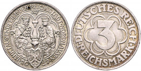 Weimarer Republik 3 Reichsmark 1927 A 1000 Jahre Nordhausen J. 327. 
 vz
