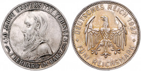 Weimarer Republik 5 Reichsmark 1927 F 450 Jahre Universität Tübingen J. 329. 
Patina st-