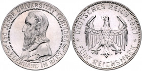 Weimarer Republik 5 Reichsmark 1927 F 450 Jahre Universität Tübingen J. 329. 
gereinigt f.vz