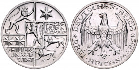 Weimarer Republik 3 Reichsmark 1927 A 400 Jahre Philipps-Universität Marburg J. 330. 
 f.vz