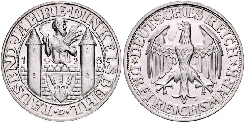 Weimarer Republik 3 Reichsmark 1928 D 1000 Jahre Dinkelsbühl J. 334. 
gereinigt...