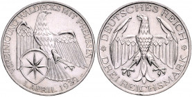 Weimarer Republik 3 Reichsmark 1929 A Zur Vereinigung Waldecks mit Preussen J. 337. 
kl.Rf., gereinigt ss-vz