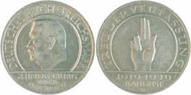 Weimarer Republik 3 Reichsmark 1929 D Zum 10. Jahrestag der Weimarer Reichsverfassung J. 340. 
kl. Rf. f.vz