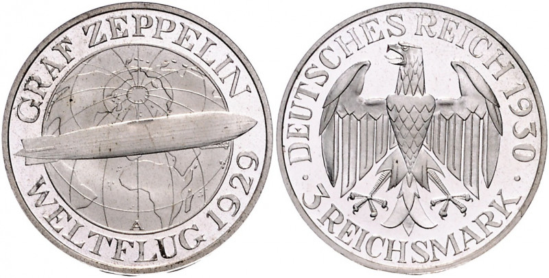 Weimarer Republik 3 Reichsmark 1930 A Zum Weltflug des 'Graf Zeppelin' 1929 J. 3...