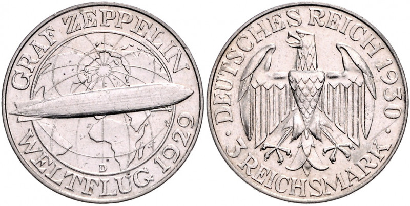 Weimarer Republik 3 Reichsmark 1930 D Zum Weltflug des 'Graf Zeppelin' 1929 J. 3...