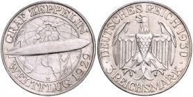 Weimarer Republik 3 Reichsmark 1930 E Zum Weltflug des 'Graf Zeppelin' 1929 J. 342. 
 vz-st