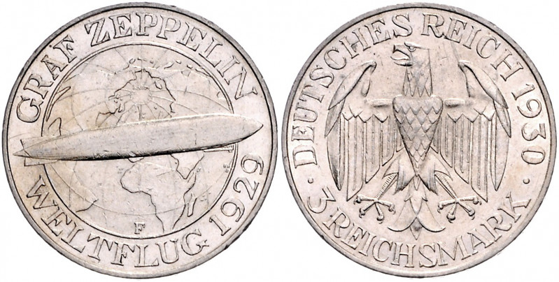 Weimarer Republik 3 Reichsmark 1930 F Zum Weltflug des 'Graf Zeppelin' 1929 J. 3...