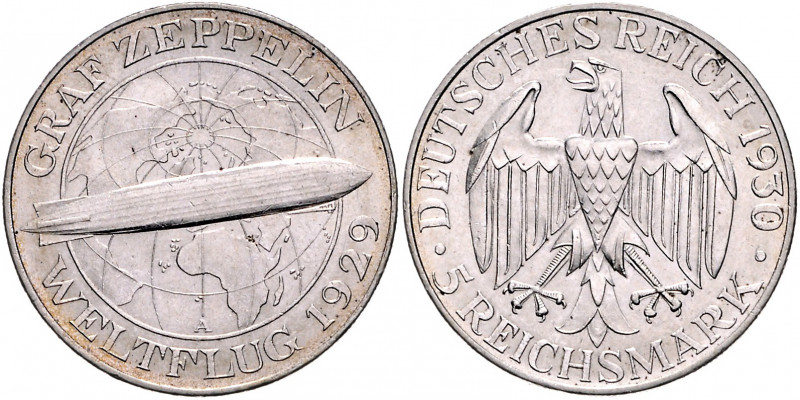 Weimarer Republik 5 Reichsmark 1930 A Zum Weltflug des Graf Zeppelin" 1929 J. 34...