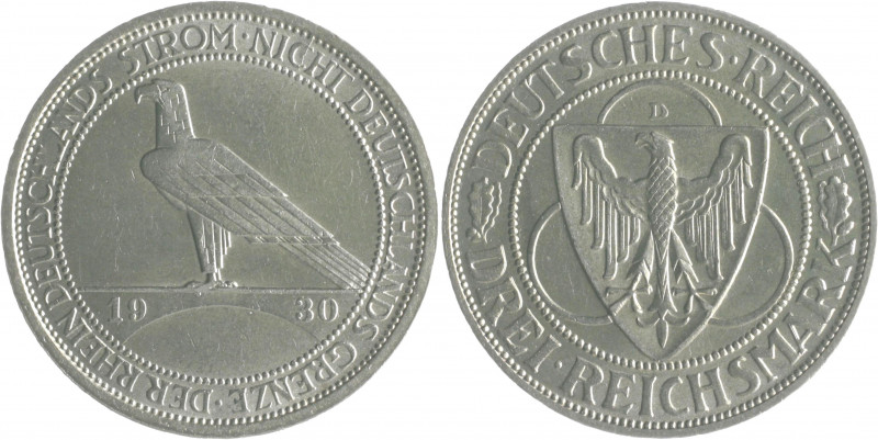 Weimarer Republik 3 Reichsmark 1930 D Zur Rheinlandräumung J. 345. 
 ss-vz/vz