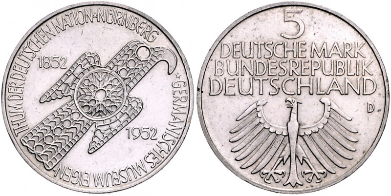 Bundesrepublik Deutschland 5 Deutsche Mark 1952 D 100 Jahre Germanisches Nationa...