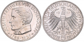 Bundesrepublik Deutschland 5 Deutsche Mark 1957 J Zum 100. Todestag des Dichters Joseph Freiherr von Eichendorff J. 391. 
 vz+