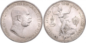 RDR - Österreich Franz Joseph I. 1848-1916 5 Kronen 1908 auf sein 60. Regierungsjubiläum Jaeckel 397. Dav. 35. 
 vz-