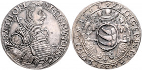 RDR - Länder - Ungarn - Siebenbürgen Sigismund Báthory 1581-1602 Reichstaler 1592 Rs: ovaler Schild Huszar 134. Resch -. 
winz. Sf., herrliche Patina...