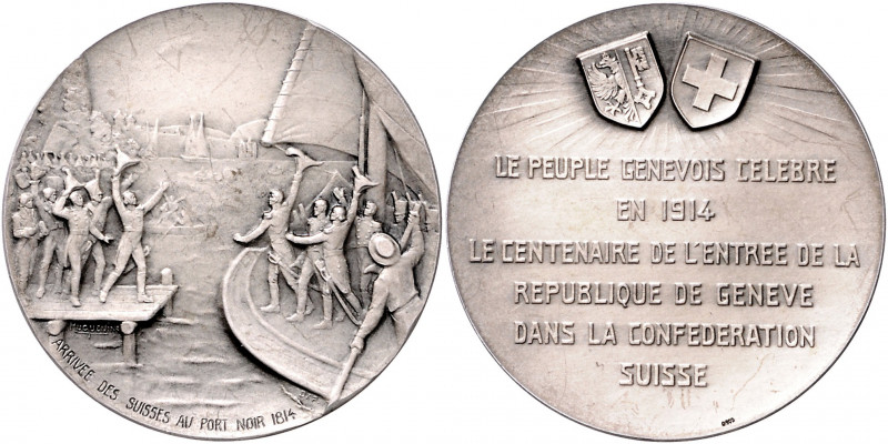 Schweiz - Genf Silbermedaille 1914 (v. Huguenin) auf den 100. Jahrestag der Vere...