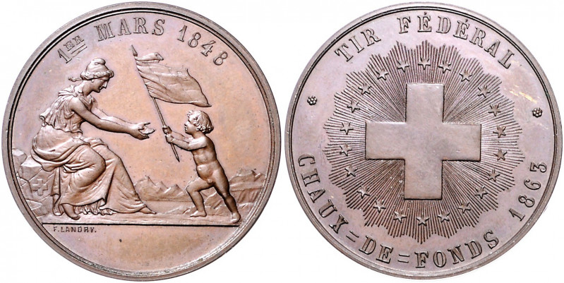 Schweiz - Schützenmedaillen Neuchatel Bronzemedaille 1863 (v. Landry) La Chaux-d...