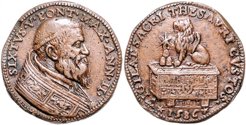 Vatikan Sixtus V. 1585-1590 Bronzemedaille 1586 alter Guss (unsign.) Löwe auf Tr...