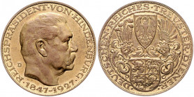 Medaillen von Karl Goetz Vergold. Bronzemedaille 1927 mit Münzzeichen D (für München) auf den 80. Geburtstag von Hindenburg, i.Rd: BAYER. HAUPTMÜNZAMT...
