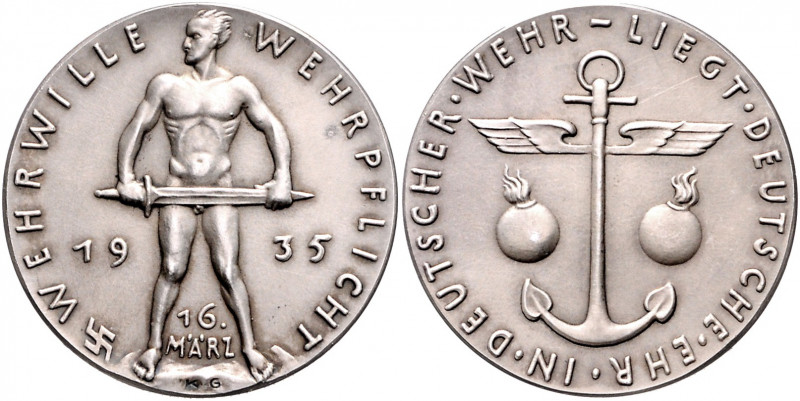 Medaillen von Karl Goetz Silbermedaille 1935 mattiert Wehrwille - Wehrpflicht, i...