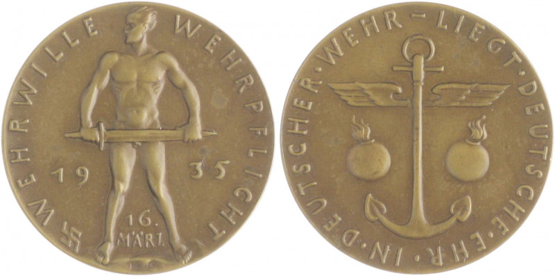 Medaillen von Karl Goetz Bronzemedaille 1935 Wehrwille - Wehrpflicht, i.Rd: BAYE...