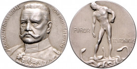 Die Mittelmächte - Personen - Hindenburg, Paul von Silbermedaille o.J. mattiert (v. Eue/Ball) FVROR TEVTONICVS, i.Rd: 950 SILBER Zetzm. 4083. 
34,2mm...