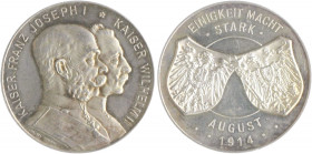 Die Mittelmächte - Allgemein Silbermedaille 1914 (v. Lauer) auf den Zweibund, i.Rd: SILBER 990 Zetzm. 3013. 
33,3mm 19,0g vz-st aus PP