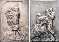 Die Entente - Allgemein - Belgien Versilb. Bronzeplakette 1918 (v. Charlier) auf das Wohl der Soldatenkinder, i.Rd: FONSON & Co 
66x46mm 92,1g Patina...
