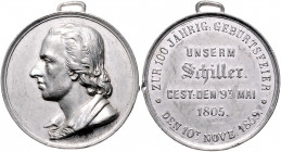 Münzen & Medaillen auf F. Schiller Zinnmedaille 1859 (v. H. Wilke) auf seinen 100. Geburtstag Klein/Raff 72a. Brett. 1047. 
Rf., 39,2mm 30,7g mit Ori...