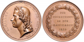 Münzen & Medaillen auf F. Schiller Bronzemedaille 1859 (v. Kullrich) auf seinen 100. Geburtstag Klein/Raff 89. Brett. 1051. Sommer K28. 
38,0mm 29,0g...