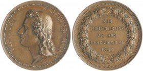 Münzen & Medaillen auf F. Schiller Bronzemedaille 1859 (v. Kullrich) auf seinen 100. Geburtstag Klein/Raff 89. Brett. 1051. Sommer K28. 
37,8mm 29,0g...