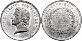 Münzen & Medaillen auf F. Schiller Lot o.J. von 2 Stücken auf seinen 100. Geburtstag: Bronzemedaille o.J. (v. Loos, K/R 64, Rf., 42,4mm 37,2g) und Zin...