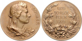 Münzen & Medaillen auf F. Schiller Bronzemedaille 1905 (v. M.&W.) auf seinen 100. Todestag Klein/Raff 117. Brett. 1111. 
50,6mm 49,1g vz