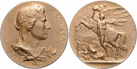 Münzen & Medaillen auf F. Schiller Bronzemedaille 1905 (v. M.&W.) auf seinen 100. Todestag Klein/Raff 126. Brett. 1108. 
50,6mm 48,6g vz