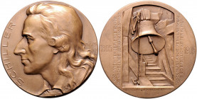 Münzen & Medaillen auf F. Schiller Bronzemedaille 1905 (v. M.&W.) auf seinen 100. Todestag Klein/Raff 128. 
60,0mm 86,1g vz-st