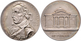 Münzen & Medaillen auf F. Schiller Silbermedaille 1905 mattiert (v. Lauer) auf seinen 100. Todestag, i.Rd: SILBER 0,990 Klein/Raff 172. Heidemann 458....