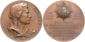 Münzen & Medaillen auf F. Schiller Bronzemedaille 1905 (v. M.&W.) der Loge Amalia, auf seinen 100. Todestag Klein/Raff 490.1. Brett. 1122. 
50,6mm 45...