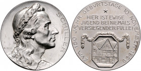 Münzen & Medaillen auf F. Schiller Versilb. Bronzemedaille 1909 (v. M.&W.) auf seinen 150. Geburtstag, mit Ansicht seines Geburtshauses in Marbach Kle...