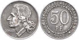 Münzen & Medaillen auf F. Schiller Notgeld 1918 -1921: 50 Pfennig 1918, Eisen. Amtskörperschaft Marbach, Hersteller: Mayer & Wilhelm, Auflage: 99.965 ...
