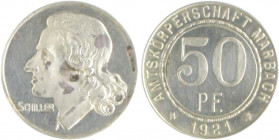 Münzen & Medaillen auf F. Schiller Silberabschlag o.J. von 50 Pfennig 1921, Notgeld der Amtskörperschaft Marbach, Hersteller: Mayer & Wilhelm, Auflage...