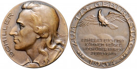 Münzen & Medaillen auf F. Schiller Bronzemedaille 1934 (v. Goetz) auf seinen 175. Geburtstag Klein/Raff 229.1. Kaiser (M+W) 39B. 
40,4mm 26,1g vz-st