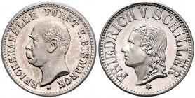 Münzen & Medaillen auf F. Schiller Lot o.J. von 2 Stücken: Silbermedaille o.J. (v. Lauer, unsign.) auf Bismarck und Schiller, i.Rd: SILBER 990 (K/R 70...