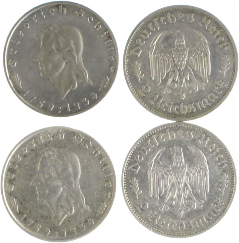 Münzen & Medaillen auf F. Schiller Lot o.J. von 2 x 2 Reichsmark 1934 F auf sein...