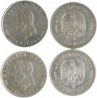 Münzen & Medaillen auf F. Schiller Lot o.J. von 2 x 2 Reichsmark 1934 F auf seinen 175. Geburtstag J. 358. Klein/Raff 9. 
 ss