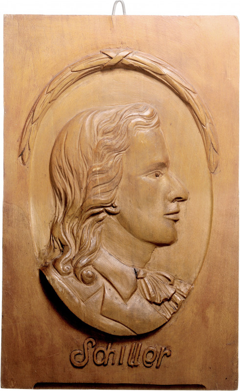 Münzen & Medaillen auf F. Schiller Wandbild 1945 aus sehr leichtem Holz, Rs: Her...