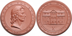 Münzen & Medaillen auf F. Schiller Porzellanmedaille o.J. (1948-1984) (v. Goetz) auf sein Wohnhaus in Weimar, braunes Böttger Steinzeug Klein/Raff 544...