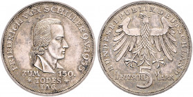 Münzen & Medaillen auf F. Schiller 5 Deutsche Mark 1955 F (BRD) Zum 150. Todestag von Friedrich von Schiller J. 389, dazu: 2x DDR 20 Mark 1972 Schille...