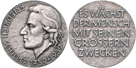 Münzen & Medaillen auf F. Schiller Lot o.J. von 2 Stücken: Silbermedaille 1959 (v. C.A. Holl) auf seinen 200 Geburtstag, i.Rd: Halbmond 1000 F (K/R 24...