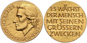 Münzen & Medaillen auf F. Schiller Goldmedaille 1959 (v. Holl) auf seinen 200. Geburtstag, i.Rd: Eingekreister Punkt, 986, F zwischen zwei Hirschstang...