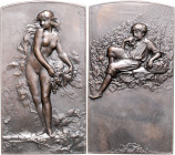 - Jugendstil Bronzeplakette o.J. (v. Coudray) auf den Weinbau, i.Rd: Füllhorn BRONZE 
38,1x68,1mm 82,1g, dunkle Bronze vz-st