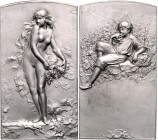 - Jugendstil Versilb. Bronzeplakette o.J. (v. Coudray) auf den Weinbau, i.Rd: Füllhorn BR 
38x68mm 82,1g vz-st