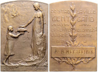 - Jugendstil Vergoldete Plakette 1918 (v. Verbanck) Preismedaille der Stadt Gent, i.Rd: FONSON&CIE 
66x45mm 83,9g vz+